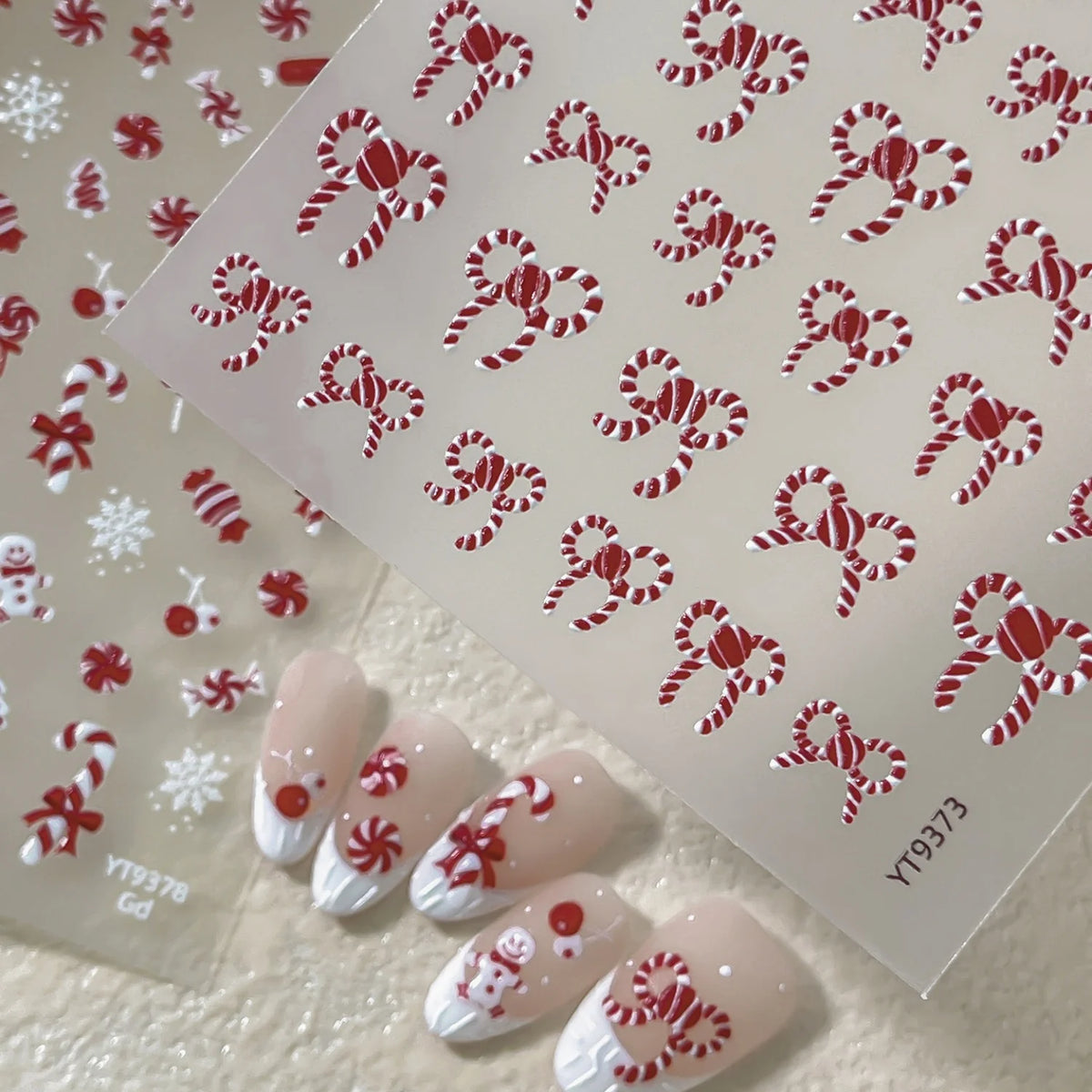 Cute Cartoon Christmas 5D Nail Stickers Red White Candy Cane Mint Cookie Gingerbread Man Snowflake Self Adhesive Nail Decals