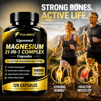 Magnesium 21-in-1 Capsules L-Theanine Ashwagandha CoQ10 B6 B12 D3 C Zinc, Support Nerve Relieve Stress Sleep Muscle Bone Health