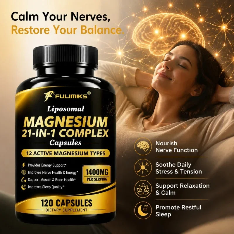 Magnesium 21-in-1 Capsules L-Theanine Ashwagandha CoQ10 B6 B12 D3 C Zinc, Support Nerve Relieve Stress Sleep Muscle Bone Health