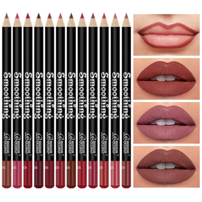 12 Colors Smooth Matte Lip Liner Pencil Waterproof Long Lasting Non-Fade Lip Contour Pen Natural Nude Brown Shades