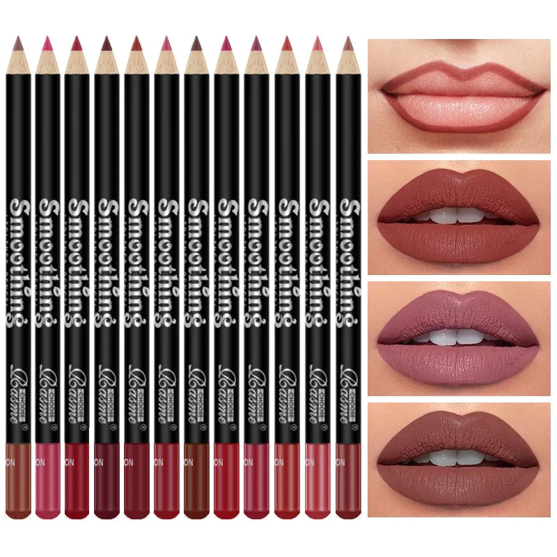 12 Colors Smooth Matte Lip Liner Pencil Waterproof Long Lasting Non-Fade Lip Contour Pen Natural Nude Brown Shades