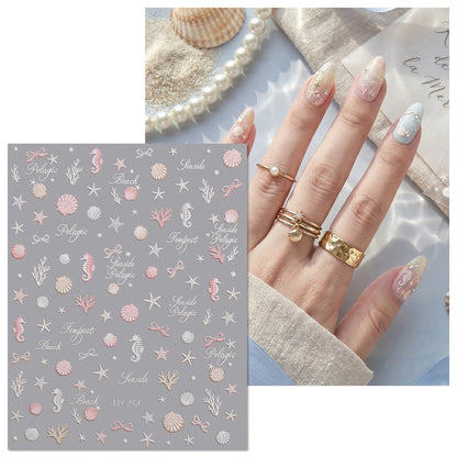 Aurora Ocean Shell Nail Stickers - Summer Beach 3D Relief Sea Star Seahorse Decals - Spring Vacation Nail Tech Supplies