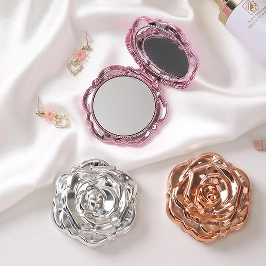 Portable Mini Mirror Retro Rose Flower Shape Small Pocket Makeup Mirror Double Sided Hand Mirrors Compact Cosmetic Beauty Girls