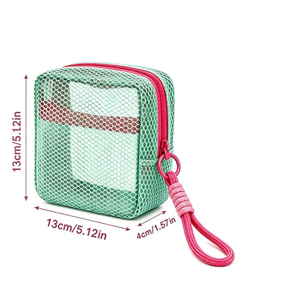 Small Mesh Beach Pouch Clear Cosmetic Bag with Detachable Wrist Strap Travel Organizer for Sunscreen Keys Cables