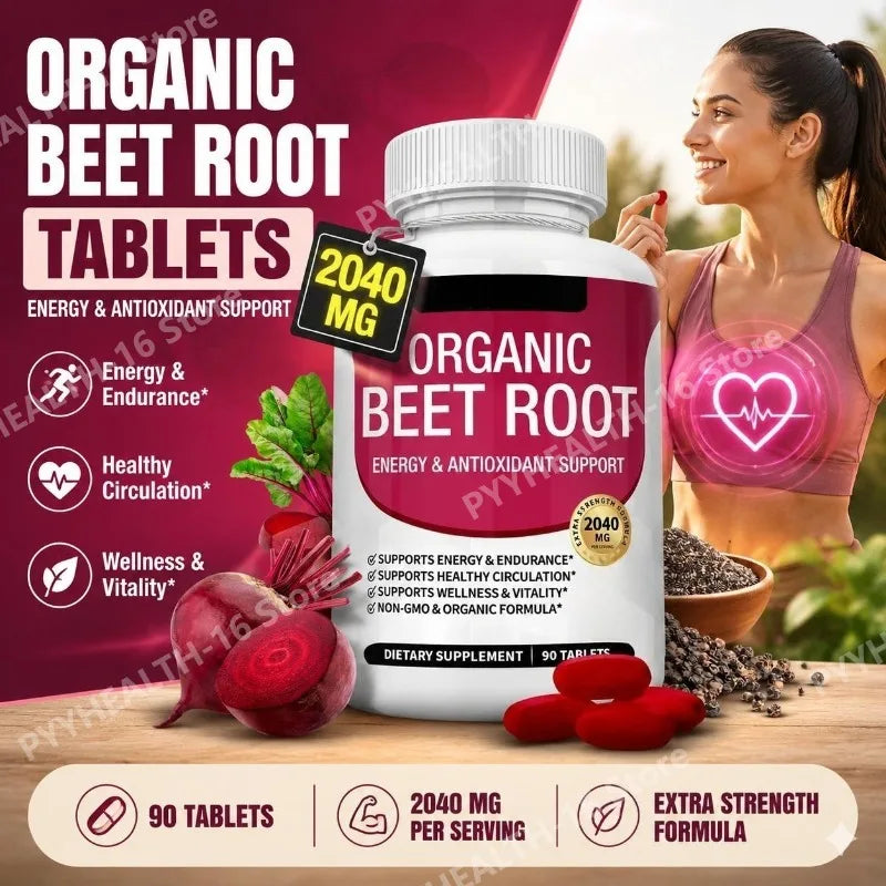 Beet Root Tablets 2040mg Per Serving with Organic Black Pepper for Energy, Endurance & Circulation Support, Non-GMO, 90 Count