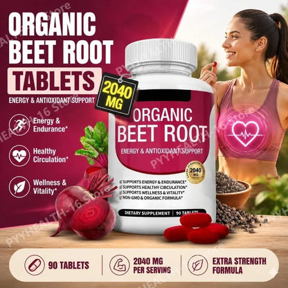 Beet Root Tablets 2040mg Per Serving with Organic Black Pepper for Energy, Endurance & Circulation Support, Non-GMO, 90 Count