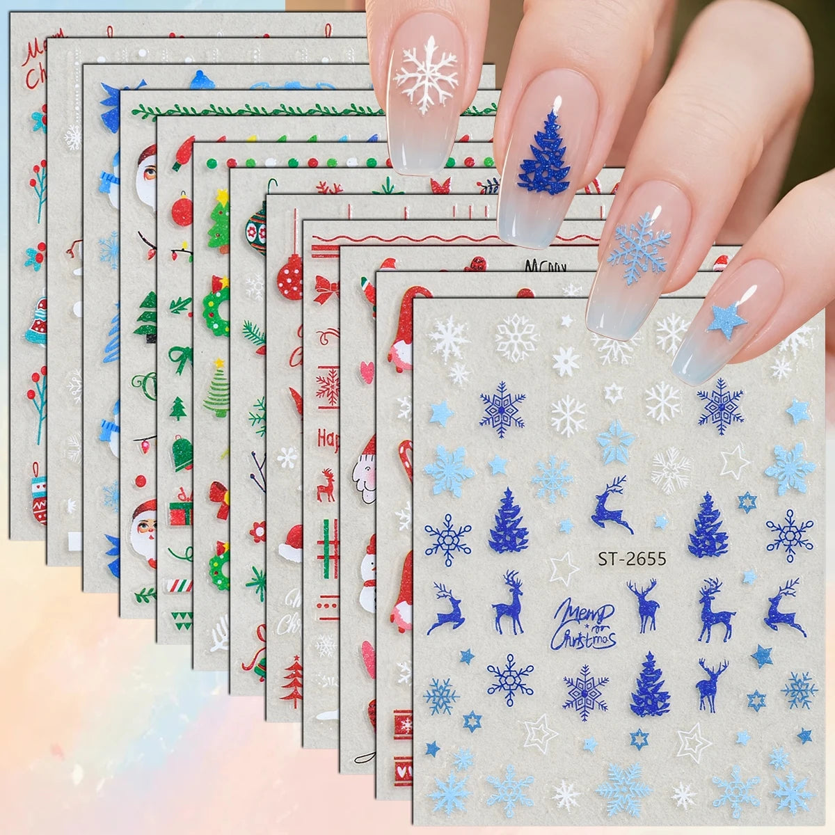 3 to 12 Sheets 3D Christmas Santa Snowman Reindeer Tree Snowflake Lights Gnome Self-Adhesive Nail Art Stickers