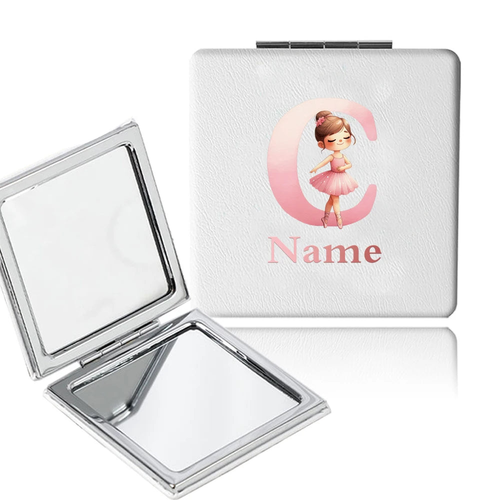 Customized Name PU Handheld Makeup Mirror Cover Dressing Double-Sided Portable Foldable Pocket Cosmetic Mirror