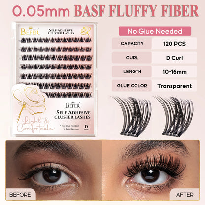 Befer Self-Adhesive False Eyelashes Glue-Free Lash Clusters Makeup D Curl Fluffy Manga Natural Soft Lash For Beginners Easy