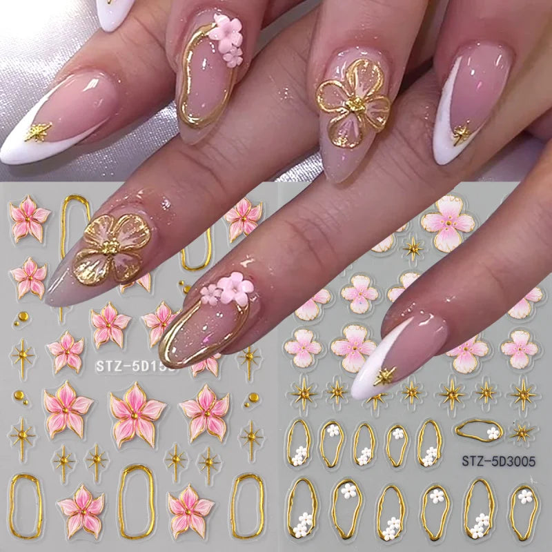 5D Floral Embossed Nail Stickers Bronzing Hibiscus Flower Petals Star Frame Elegant Nail Art Decals for Spring Summer Decor