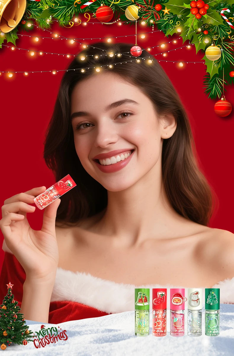 Christmas lip gloss gift box, long-lasting moisturizing and color changing lip oil, high gloss effect lip gloss 5- pieces