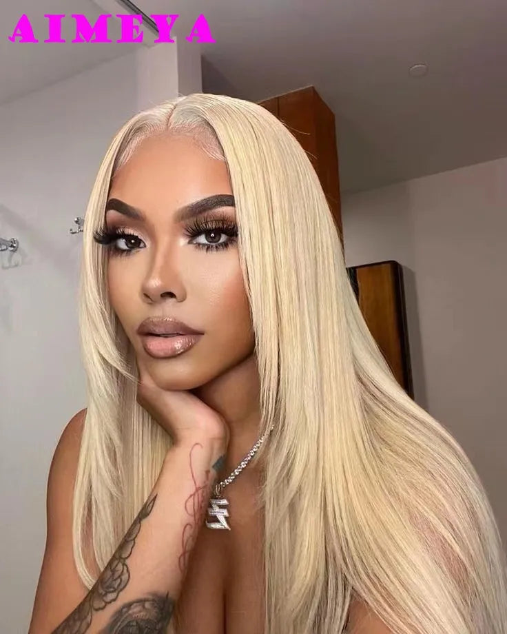 AIMEYA Layered Cut Wig Platinum Blonde Lace Front Wig Long Straight Synthetic Lace Wig Heat Resistant Blonde Wigs for Women
