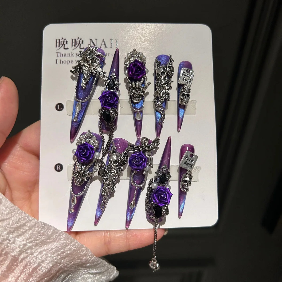 Gothic Dark Press On Nails Iridescent Purple Laser Resin Black Diamonds Multiple Sizes Left Right Hands Easy to Apply Reusable