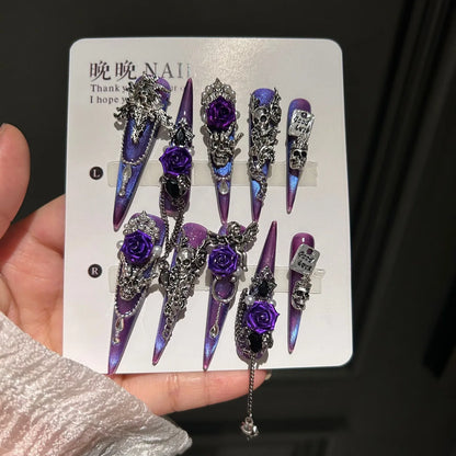 Gothic Dark Press On Nails Iridescent Purple Laser Resin Black Diamonds Multiple Sizes Left Right Hands Easy to Apply Reusable