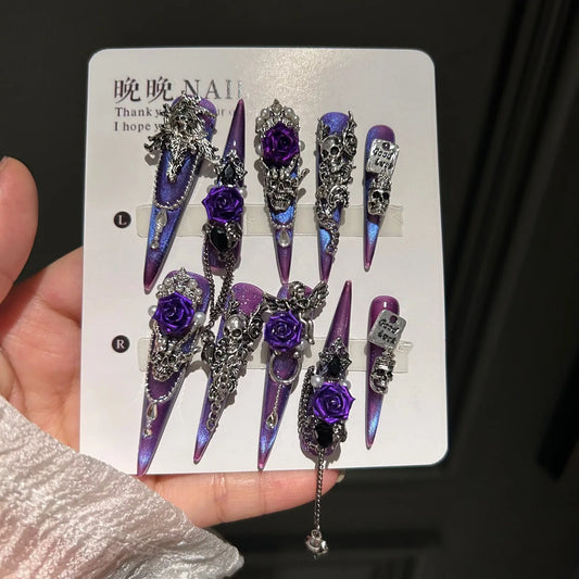 Gothic Dark Press On Nails Iridescent Purple Laser Resin Black Diamonds Multiple Sizes Left Right Hands Easy to Apply Reusable
