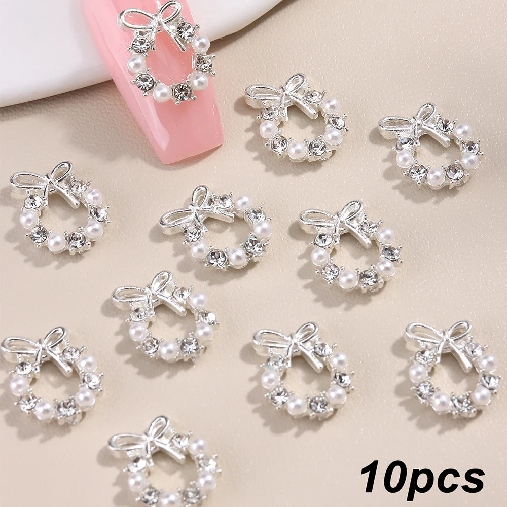 3D Christmas Nail Art Charms; Gold & Silver Bows and Wreaths; Cute Winter Designs for DIY Manicures and Salon Accessories