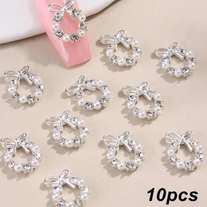 3D Christmas Nail Art Charms; Gold & Silver Bows and Wreaths; Cute Winter Designs for DIY Manicures and Salon Accessories
