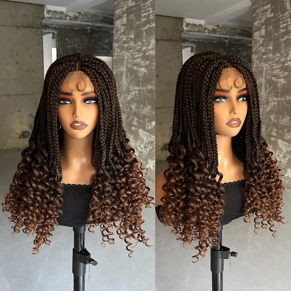 Synthetic Braided Wigs Lace Closure Wigs Curly Ends Box Braided 4x4 Lace Wig with Baby Hair for Black Women Afro Braiding Wigs