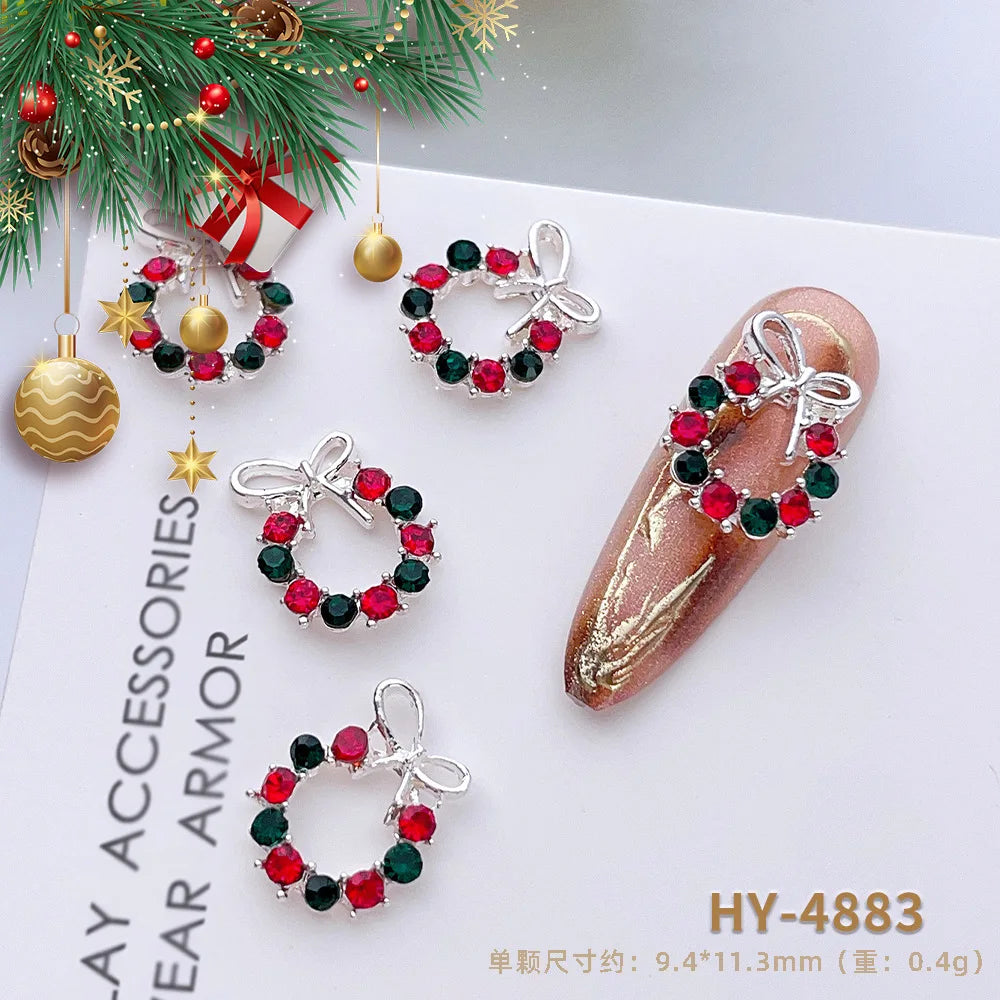 Luxury Christmas Wreath Nail Art Charms Pink Bow Pearl Diamond Gold Silver Alloy Nails 3D Decoration Jewelry for Manicure Design