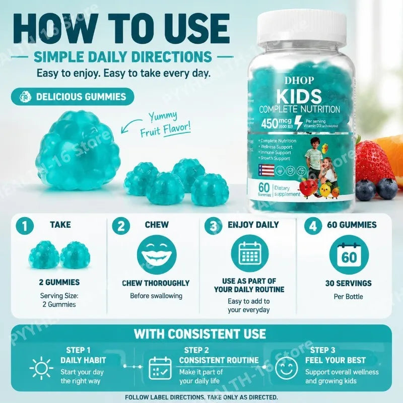 DHOP Kids Multivitamin Gummies Vitamin D3 C Zinc B Vitamins Immune Support Daily Wellness Nutrition Fruit Flavor 60 Gummies
