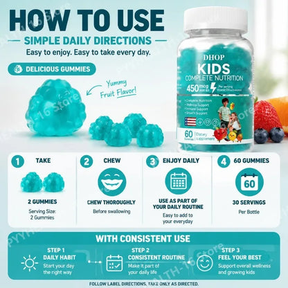 DHOP Kids Multivitamin Gummies Vitamin D3 C Zinc B Vitamins Immune Support Daily Wellness Nutrition Fruit Flavor 60 Gummies