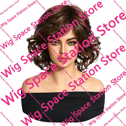 Short Curly Brown Wig with Blonde Highlights Women Synthetic Bob Wigs Natural Looking Side Bangs Heat Resistant For Daily Party