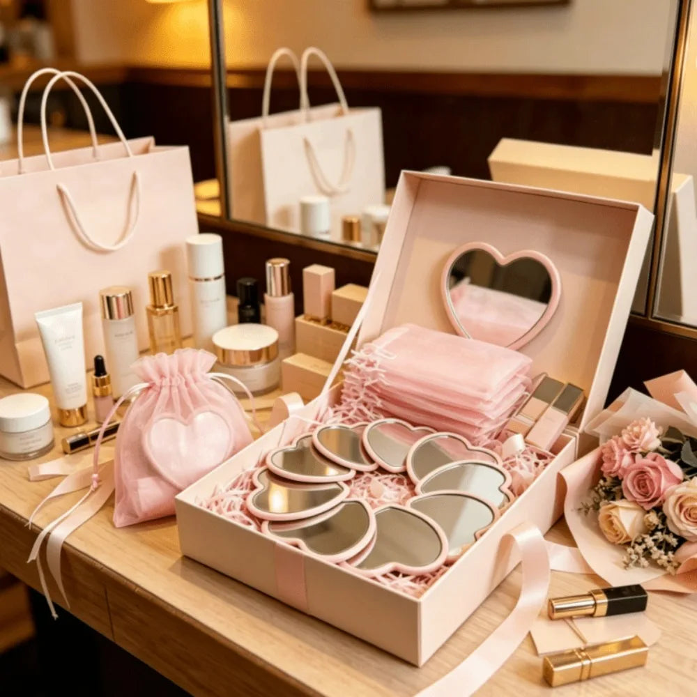 15 Pieces Set Heart Shaped Mini Mirrors with Pink Storage Bag Perfect for Travel Wedding Gifts and Korean Skincare Routines
