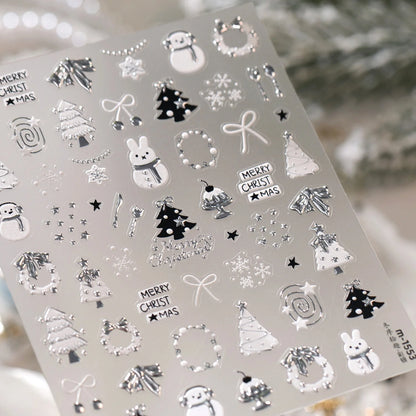 Cute Winter Cartoon Christmas Tree 5D Nail Sticker Snowman Rabbit Bow Pearl Wreath Cake Snowflake Star Self‑Adhesive Nail Decal