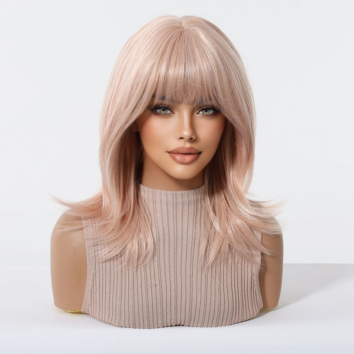 Short Light Pink Wave Synthetic Wigs with Bangs Rose Gold Lolita Natural Hair Wigs for Women Cosplay Daily Party Heat Resistant