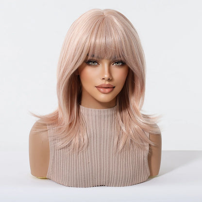 Short Light Pink Wave Synthetic Wigs with Bangs Rose Gold Lolita Natural Hair Wigs for Women Cosplay Daily Party Heat Resistant