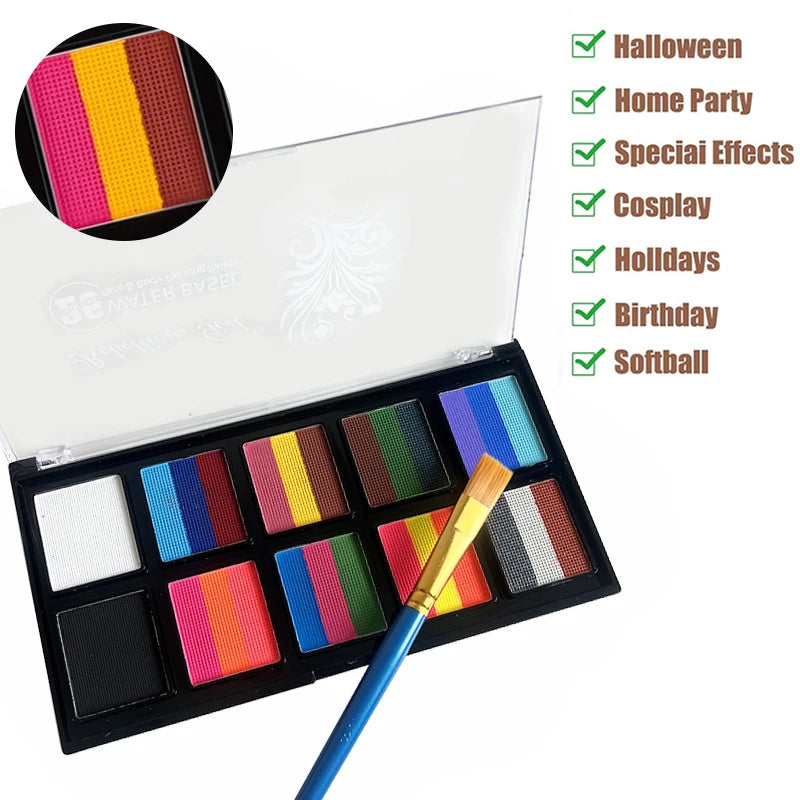 10 grids, 26 colors Rainbow face Art Painting Kit with 10pcs brush water-soluble Makeup Tattoo paint palette halloween Christmas