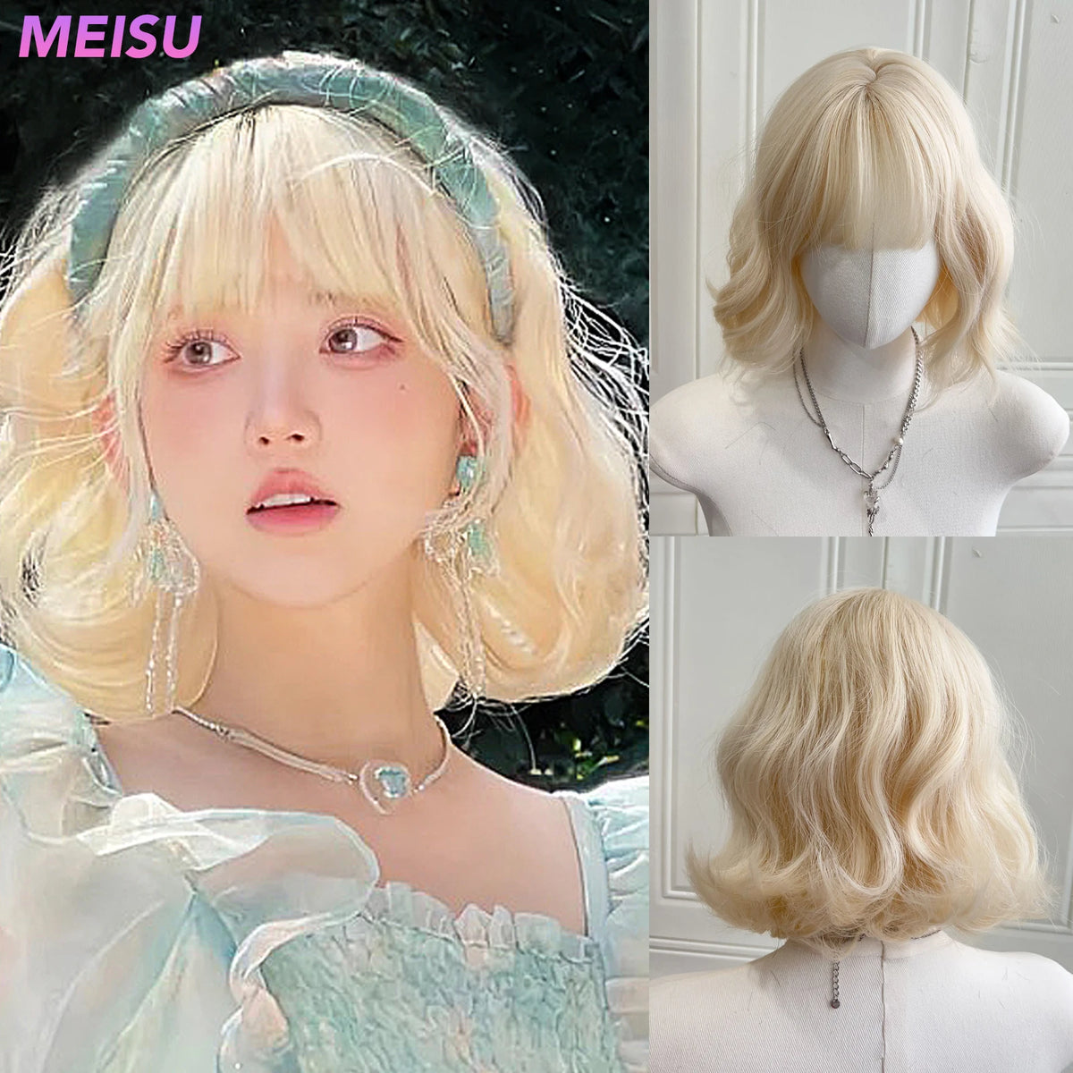 MEISU 12 Inch Short BOBO Wig Golden Synthetic Curly Wave Layered Wigs Fiber Heat-resistant Party or Cosplay Selfie For Women