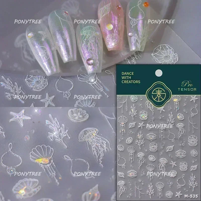 Gold Stamped Shell Conch Scallop Starfish Pearl 5D Embossed Self Adhesive Nail Art Stickers Delicate Ocean Style Manicure Decals