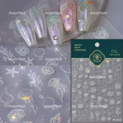 Gold Stamped Shell Conch Scallop Starfish Pearl 5D Embossed Self Adhesive Nail Art Stickers Delicate Ocean Style Manicure Decals