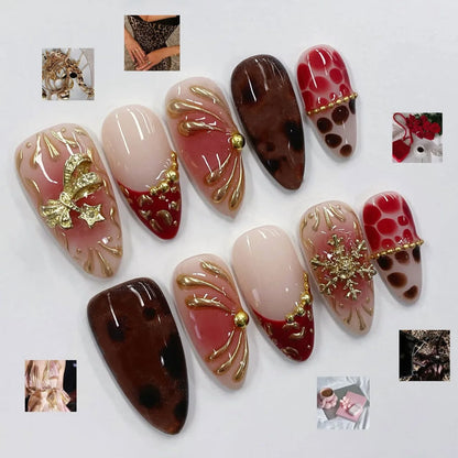 24PCS Christmas Red Almond Press on Nails Sweet 3D Gingerbread Man Xmas Tree Snowflake Design False Nails Wearable Acrylic Nails
