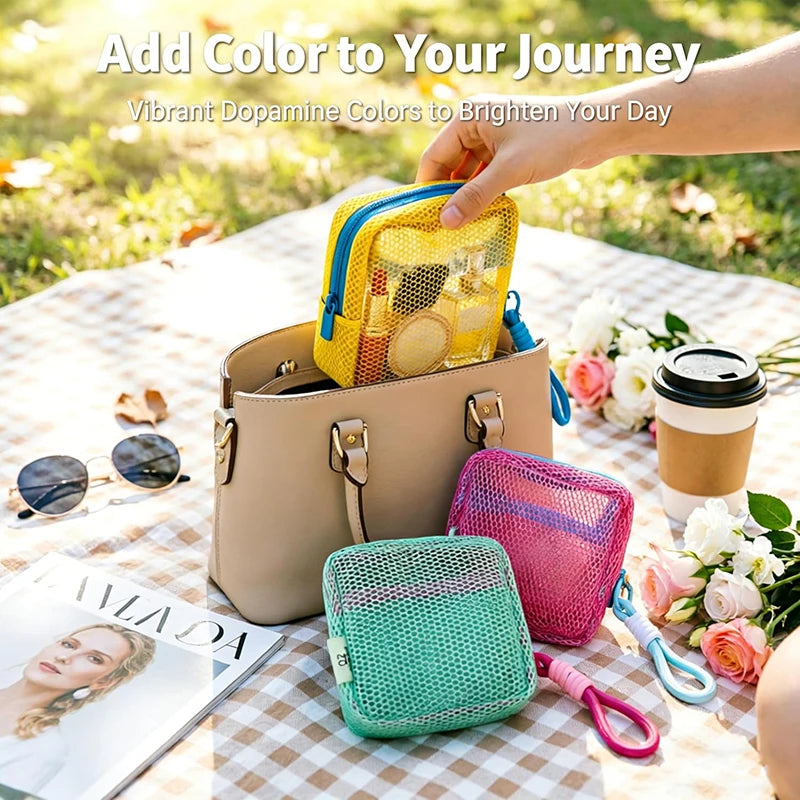 Small Mesh Beach Pouch Clear Cosmetic Bag with Detachable Wrist Strap Travel Organizer for Sunscreen Keys Cables