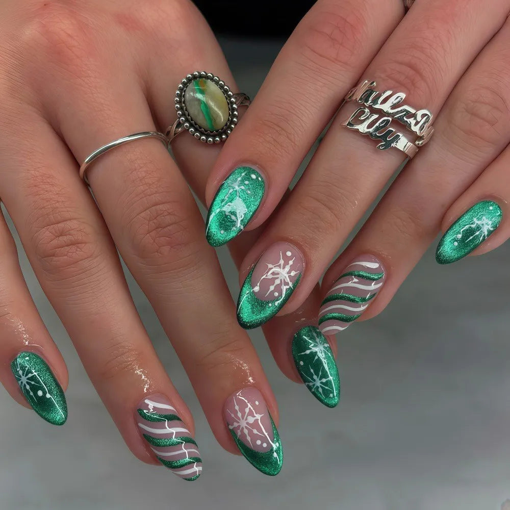 24pcs Christmas Red Metallic Press On Nails Luminous Glow In Dark Snowflake Candy Stripe Fake Nail Long Almond False Nail