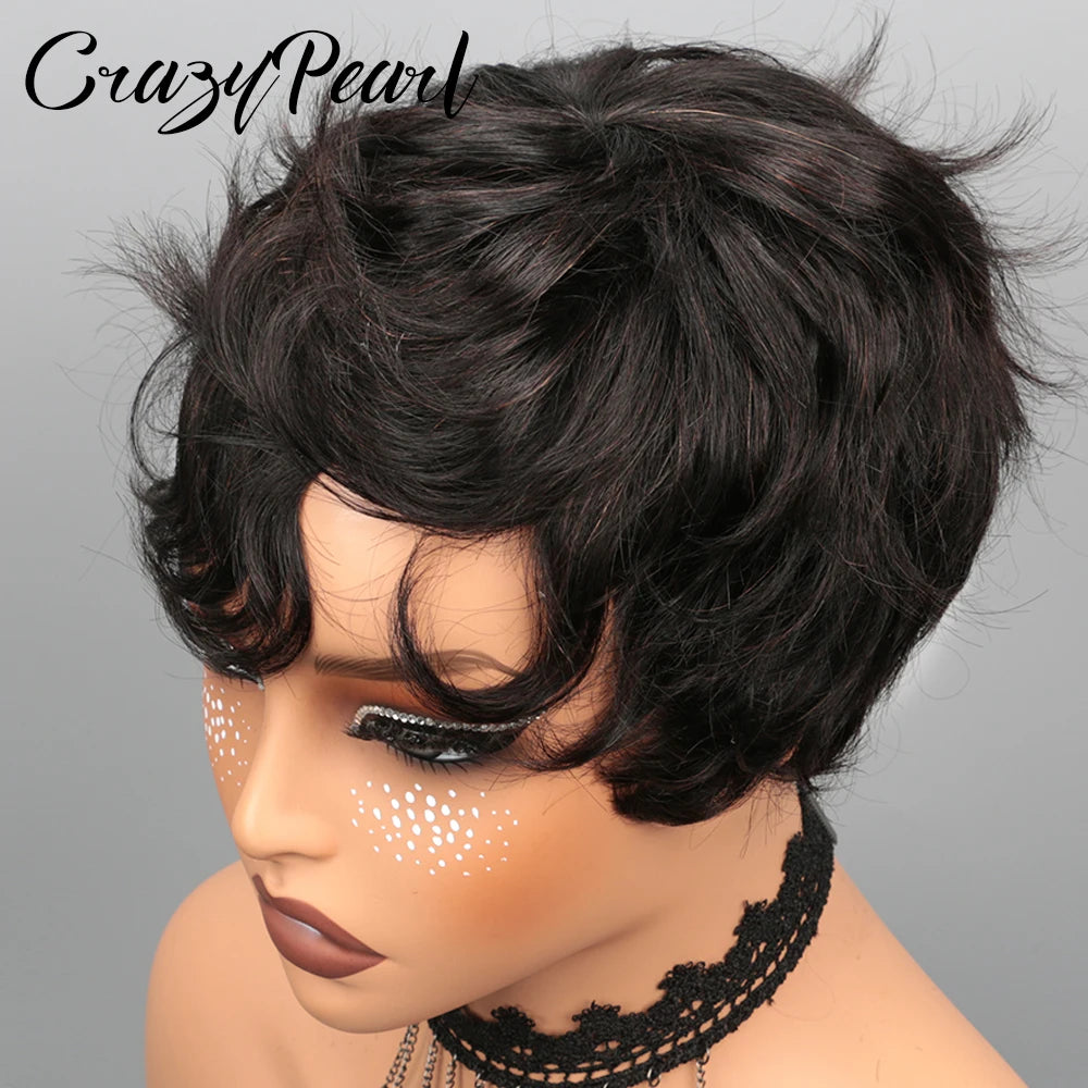 Short Pixie Cut Wig Black Human Hair Lace Front Wigs for Black Women Textured Layered Side Bang Natural Hairline Daily Work Styl