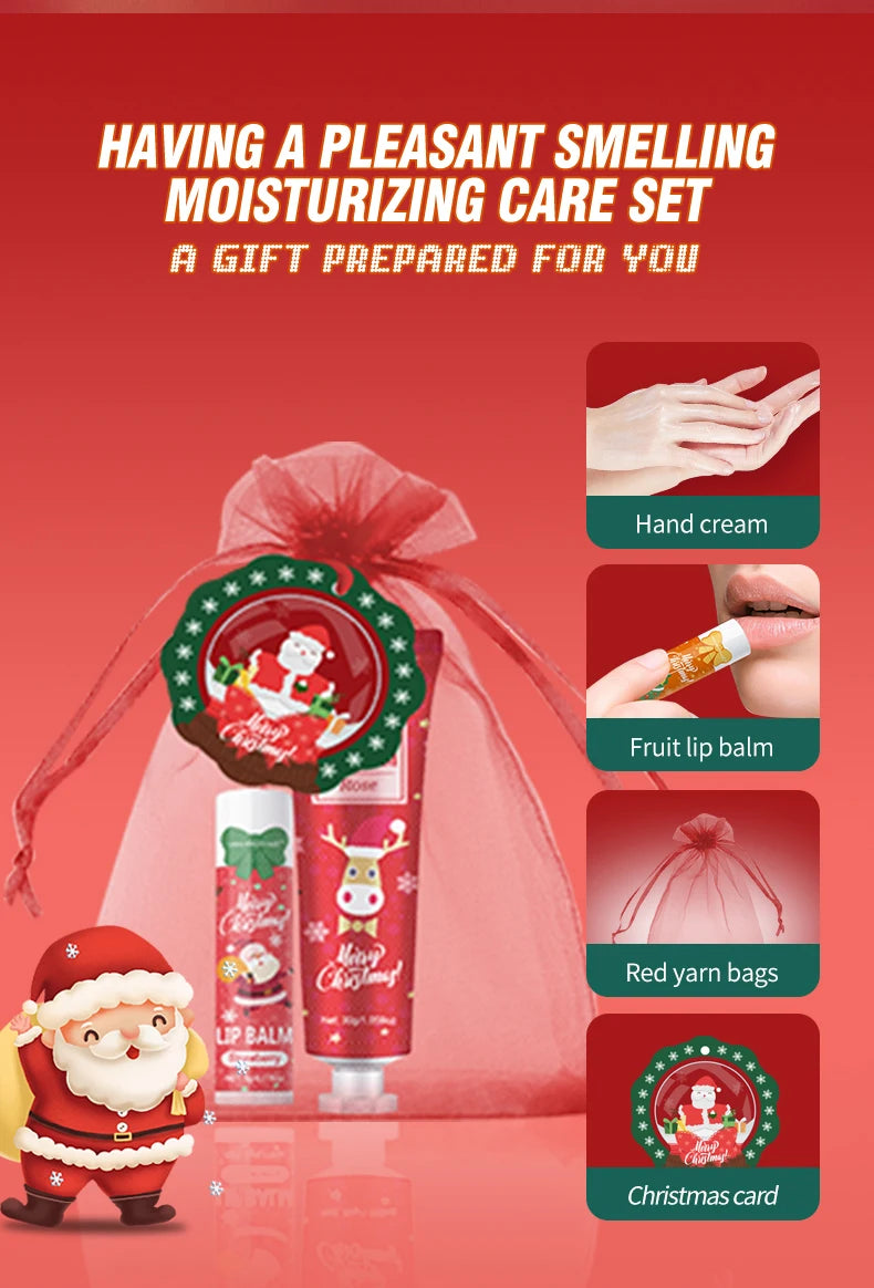 Christmas kit-10 sets/box hand cream kit, lip balm set, with Santa Card and red gift bag, party gift distribution