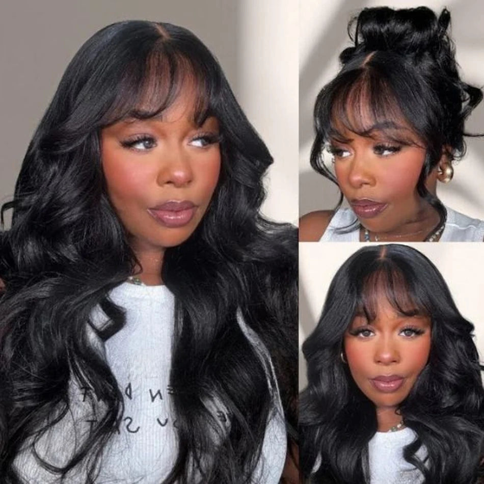 250% 3X1 Middle Part Lace Wig Full Machine Made 15A Body Wave Wigs With Bangs Easy To Go Human Hair For Black Women Natural Look