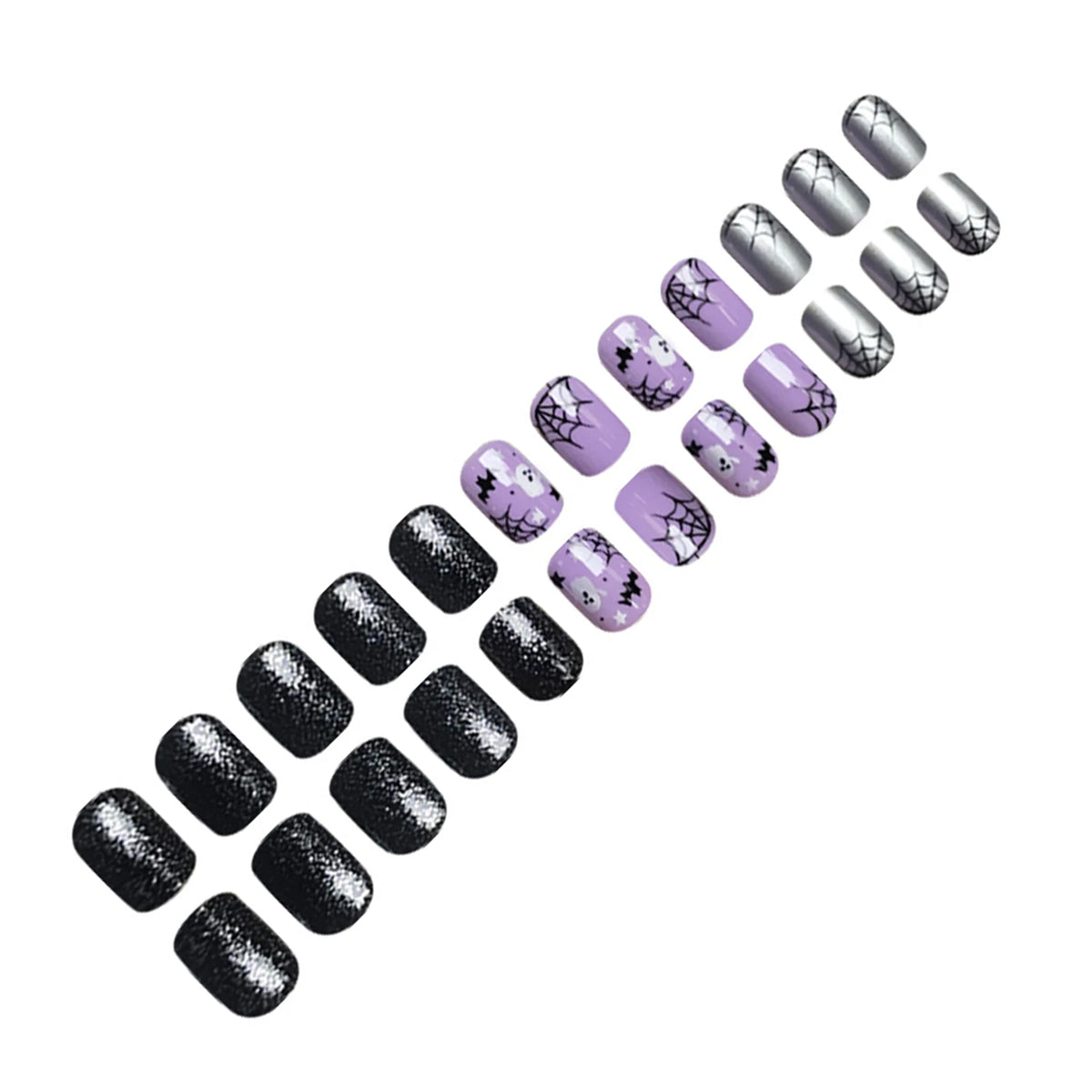 Press On Nails Light Purple Bat Ghost Spider Web Halloween Fake Nail Stickers With Designs Scary Party Nail Art Decals 24pcs