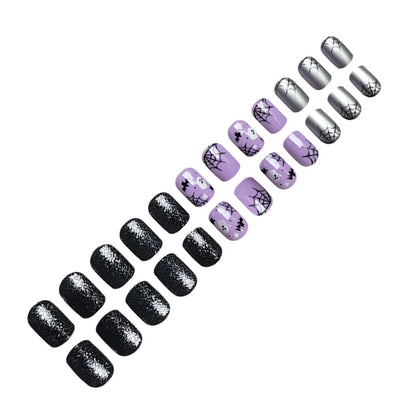 Press On Nails Light Purple Bat Ghost Spider Web Halloween Fake Nail Stickers With Designs Scary Party Nail Art Decals 24pcs