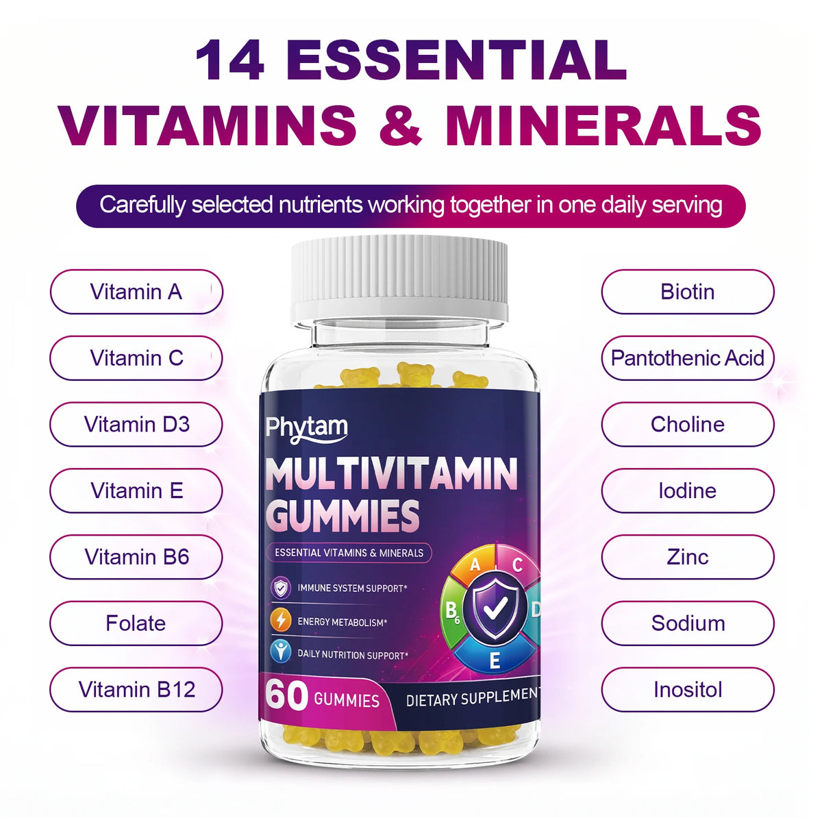 PHYTAM Adult Multivitamin Bear Gummies 14 in 1 Vitamins Minerals Complex Vitamin C Zinc B D Energy Metabolism Immune Daily Nutritional Support 60 Counts