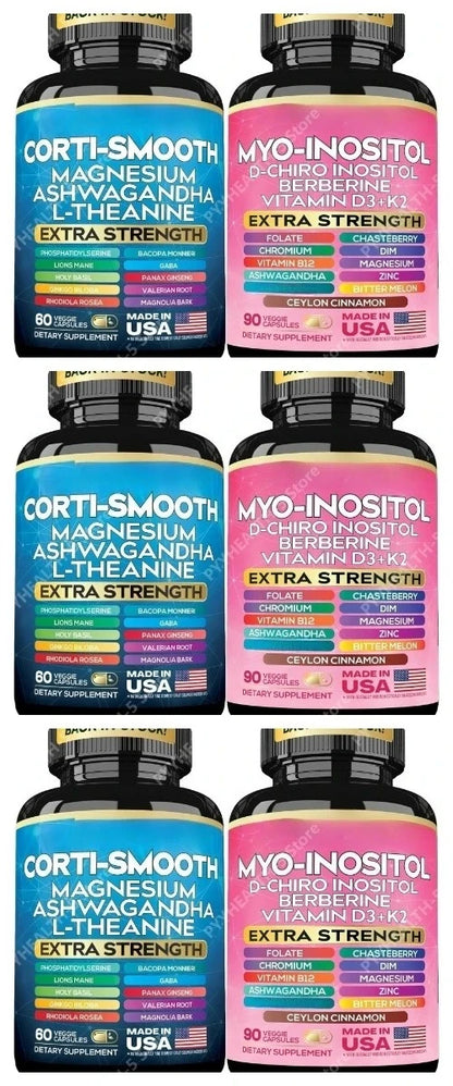 Cortisol & Myo-Inositol Supplement Bundle, Soothe & Smooth Bundle, 13-in-1 Cortisol Balance, Magnesium, Ashwagandha, L-Theanine