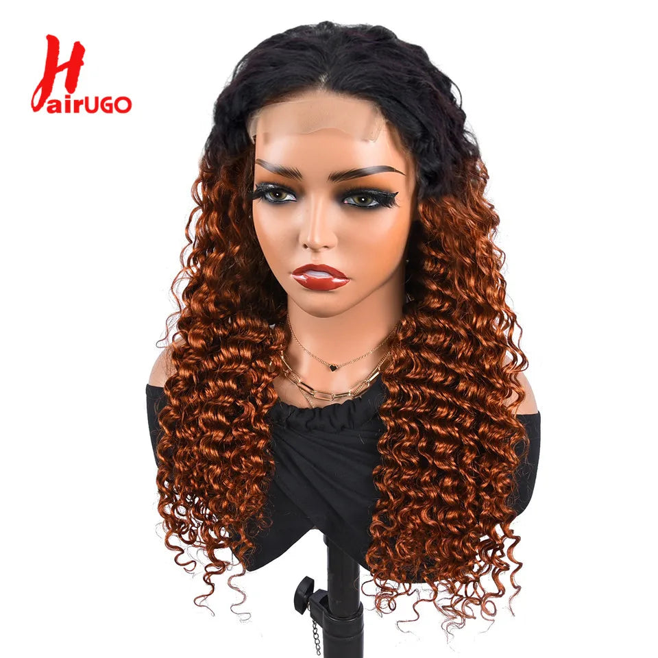 T1B/Orange Deep Wave Lace Closure Wig For Women Ombre Orange Lace Closure Human Hair Wigs With Baby Hair Remy Preplucked HairUGo