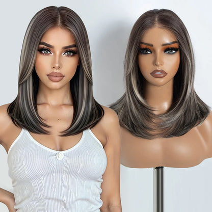 FASHION IDOL 16 Inch 13x3 Lace Front Wigs Synthetic Straight Hair Layered Ombre Brown Free Part Pre-Plucked Bob Wigs for Women