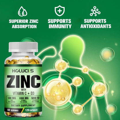 Zinc Vitamin C & D3 Complex Supplement, Supports Bone, Teeth, Joint & Heart Health, Boosts Immunity & Energy, Antioxidant