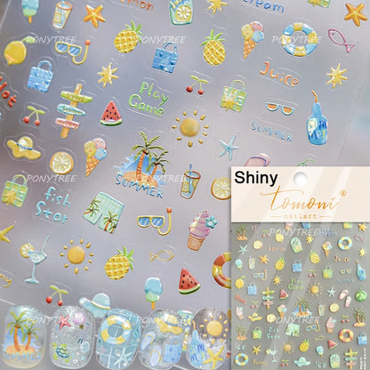 Gold Stamped Shell Conch Scallop Starfish Pearl 5D Embossed Self Adhesive Nail Art Stickers Delicate Ocean Style Manicure Decals