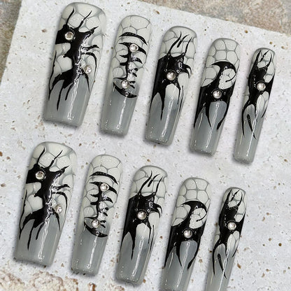 Handmade Press on Nails Black Hand painted Long Coffin Ballet Fake Nails for Women Girls Wearable Full Cover European False Nail