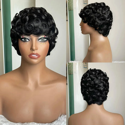 6 Inch Layered Cut Pixie Bob Wig,Natural Black 100% Brazilian Human Hair Straight Wig Full Machine Made for Women
